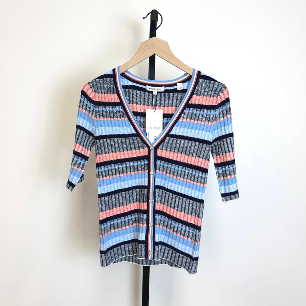 Veronica Beard Calliope Blue Stripe Cardigan Small NEW Short Sleeve V-neck Top - Picture 2 of 7